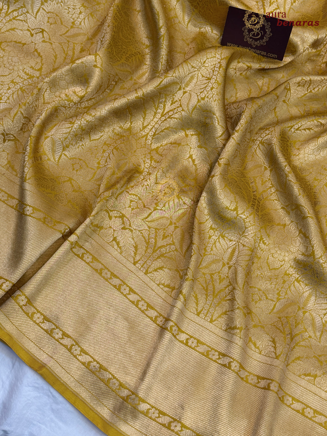 Yellow Katan Silk Banarasi Saree with Floral Brocade Work