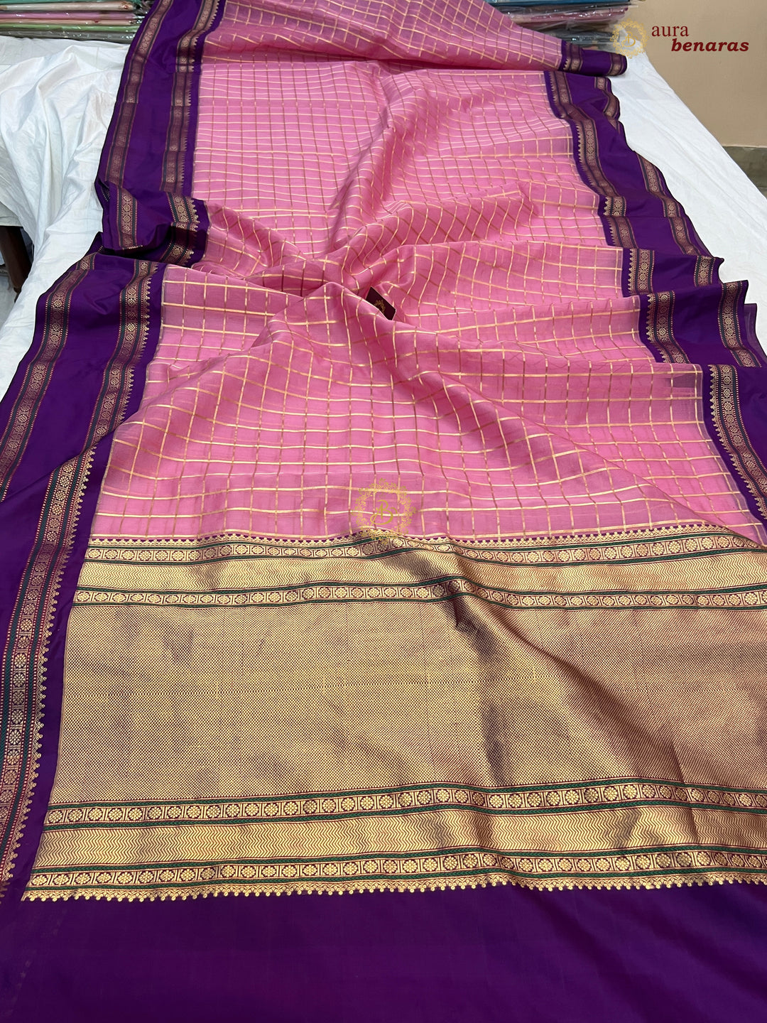 Baby Pink Pure Kora Silk Handloom Banarasi Saree with Kadiyal Border