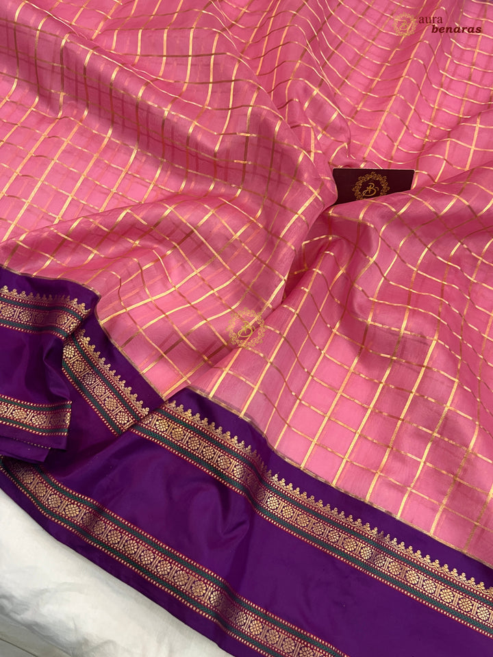Baby Pink Pure Kora Silk Handloom Banarasi Saree with Kadiyal Border