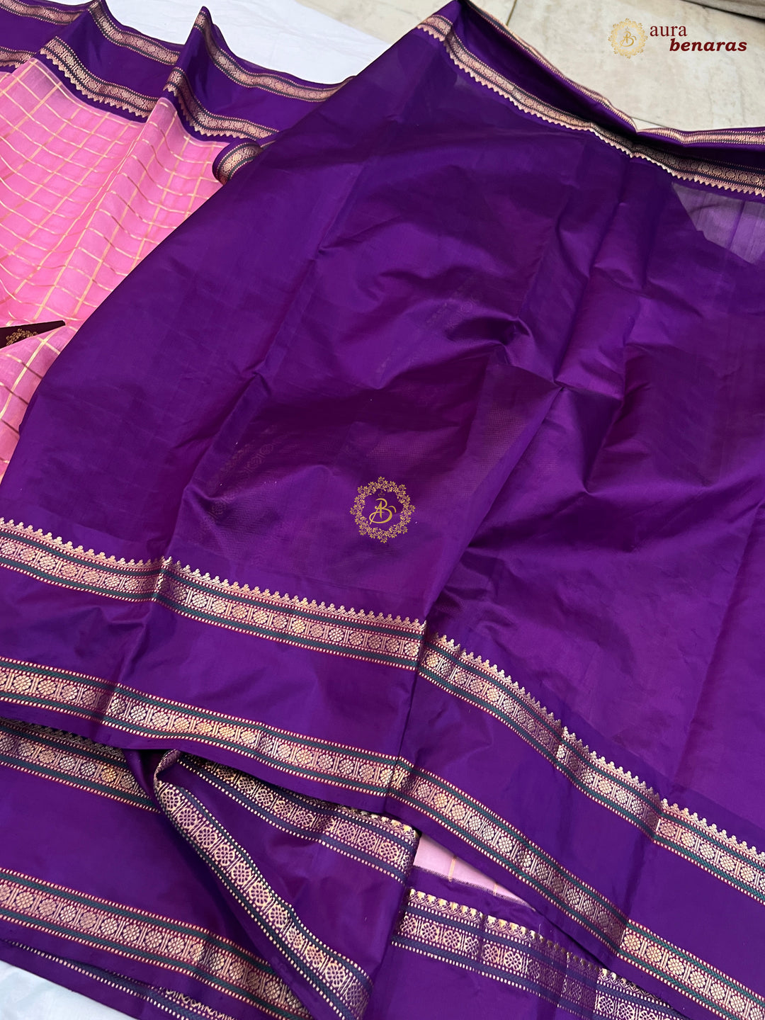 Baby Pink Pure Kora Silk Handloom Banarasi Saree with Kadiyal Border
