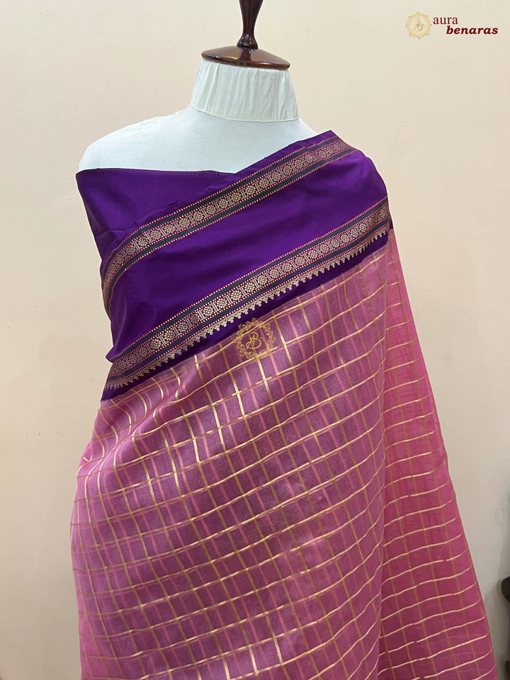 Baby Pink Pure Kora Silk Handloom Banarasi Saree with Kadiyal Border