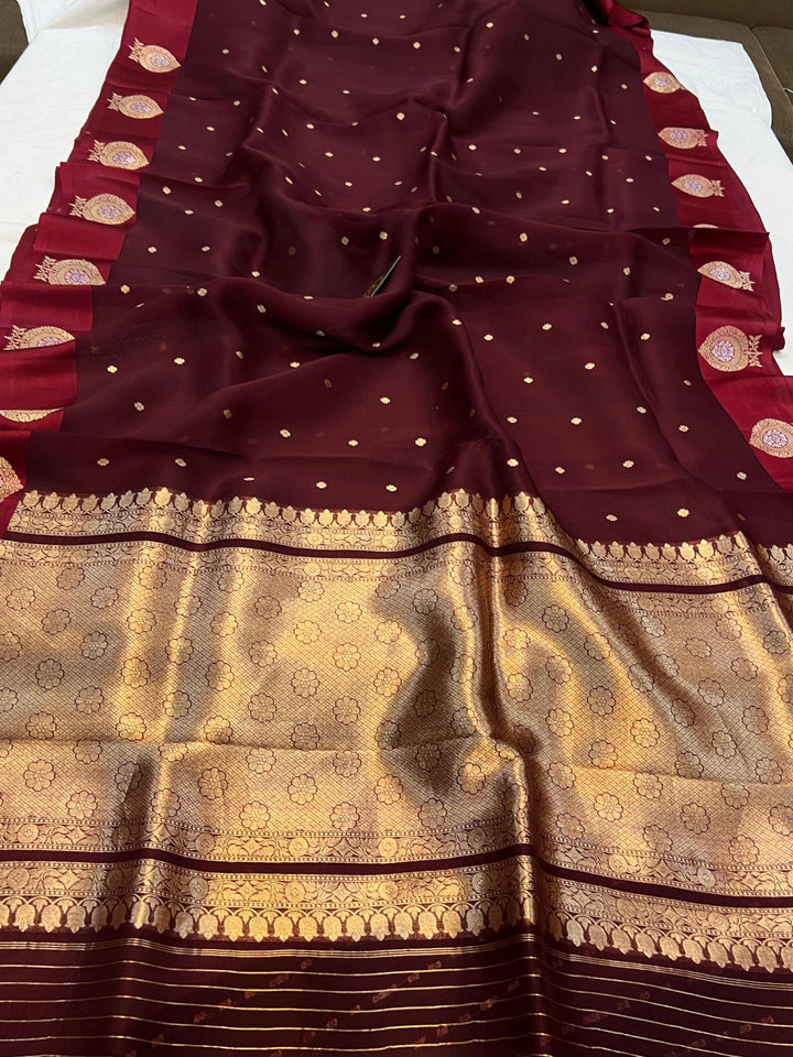 Maroon Banarasi Handloom Kora Silk Saree - Aura Benaras