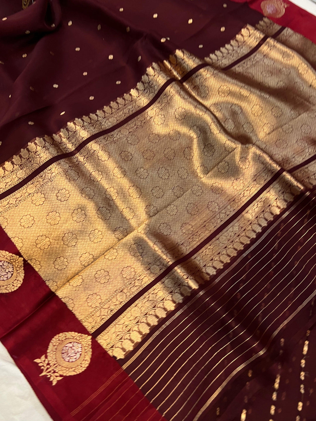 Maroon Banarasi Handloom Kora Silk Saree - Aura Benaras