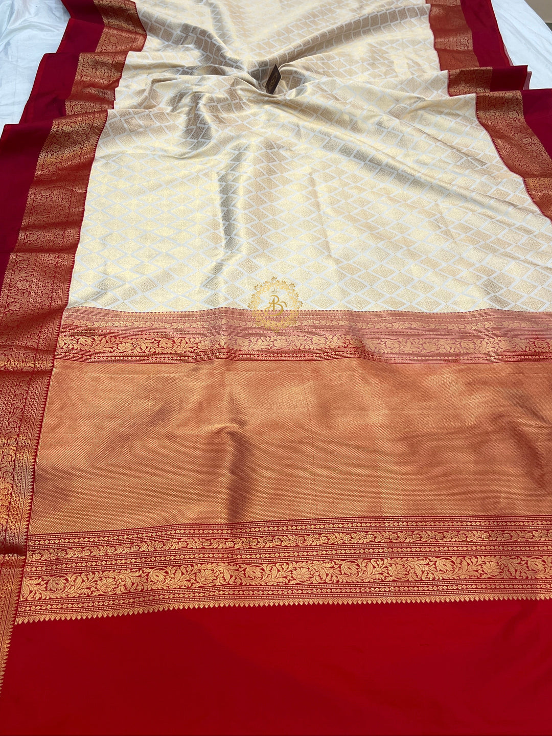 White Katan Silk Banarasi Saree with Red Border