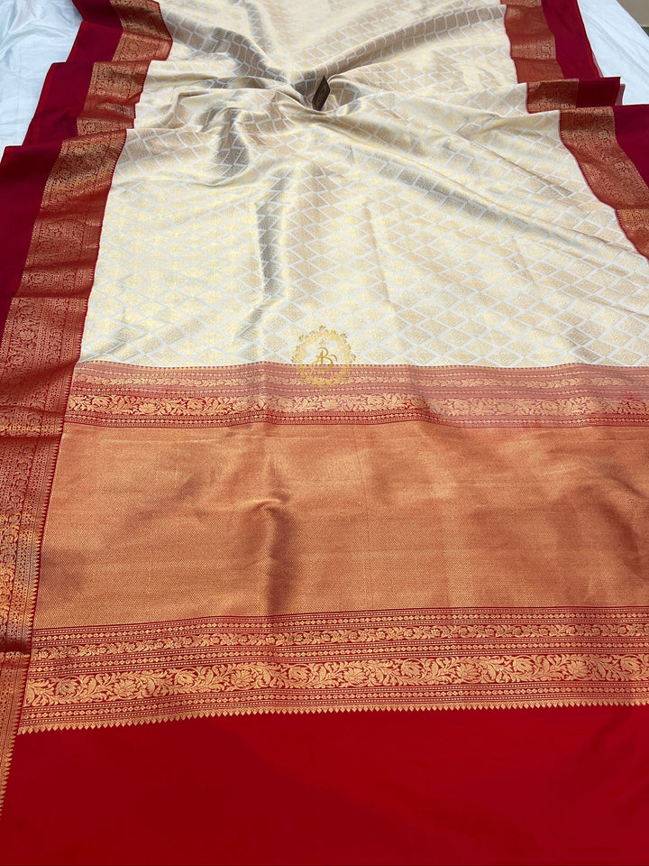 White Katan Silk Banarasi Saree with Red Border