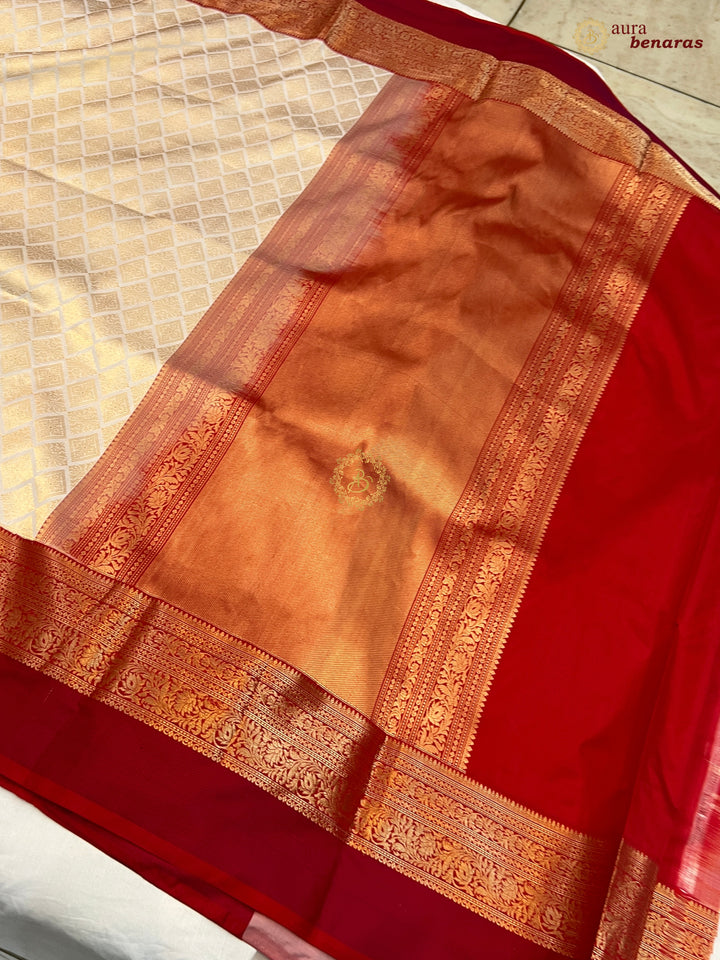 White Katan Silk Banarasi Saree with Red Border