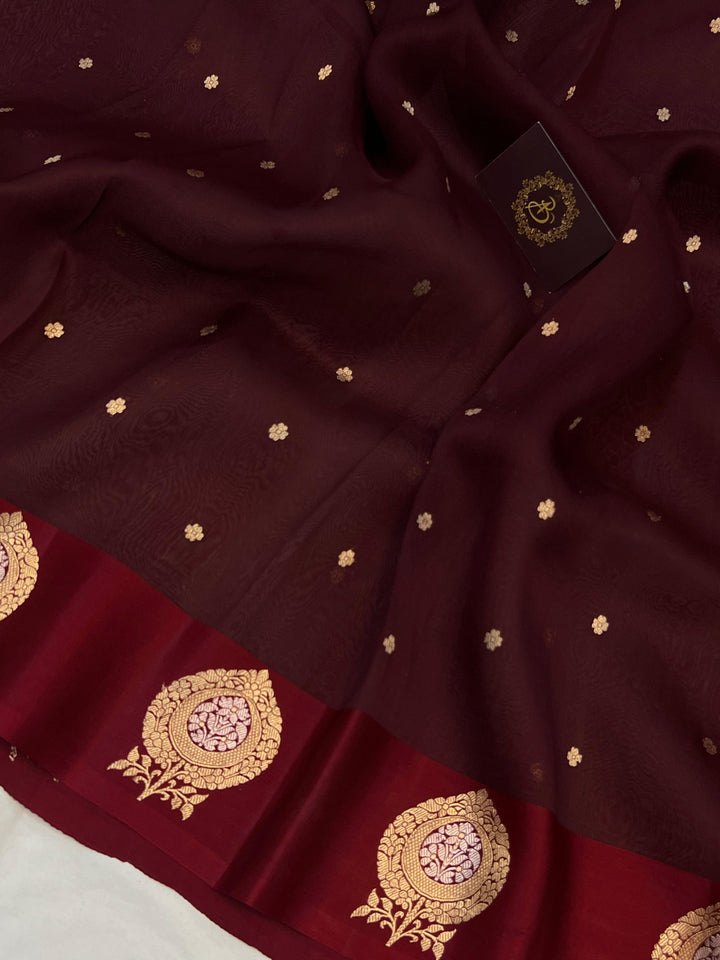 Maroon Banarasi Handloom Kora Silk Saree - Aura Benaras