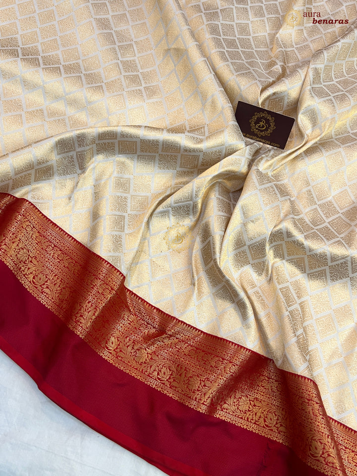 White Katan Silk Banarasi Saree with Red Border