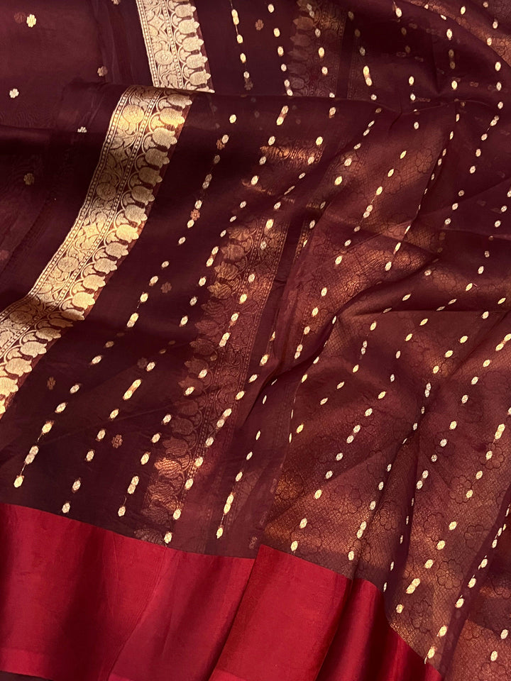 Maroon Banarasi Handloom Kora Silk Saree - Aura Benaras