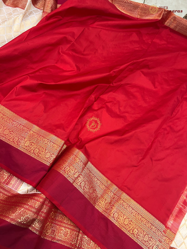 White Katan Silk Banarasi Saree with Red Border