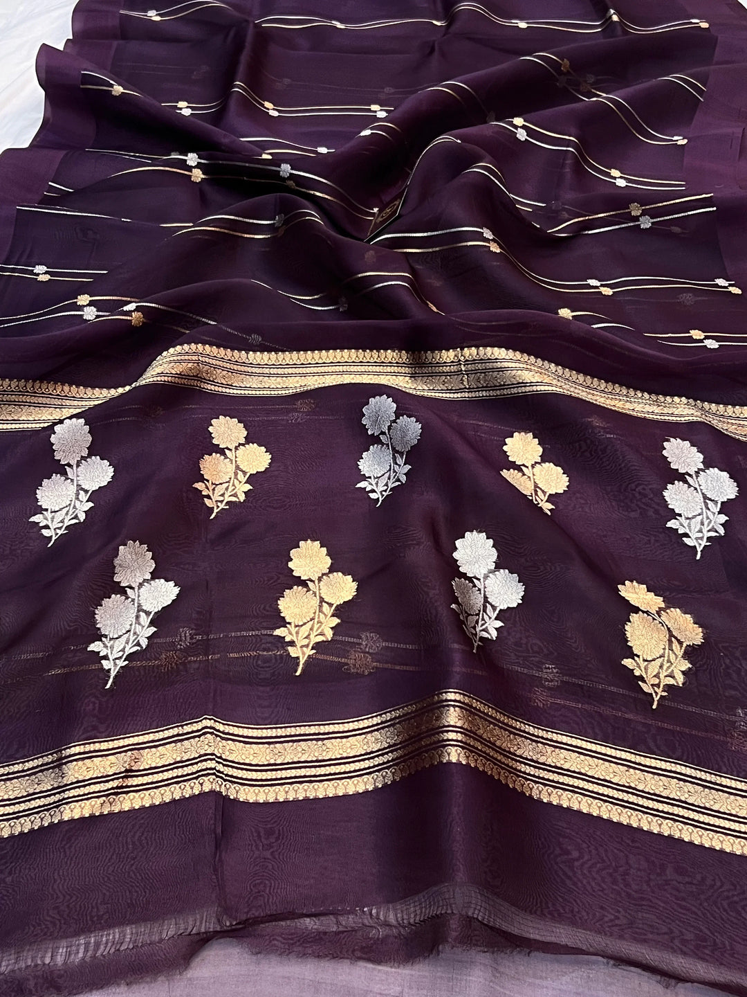 Wine Pure Banarasi Handloom Kora Silk Saree