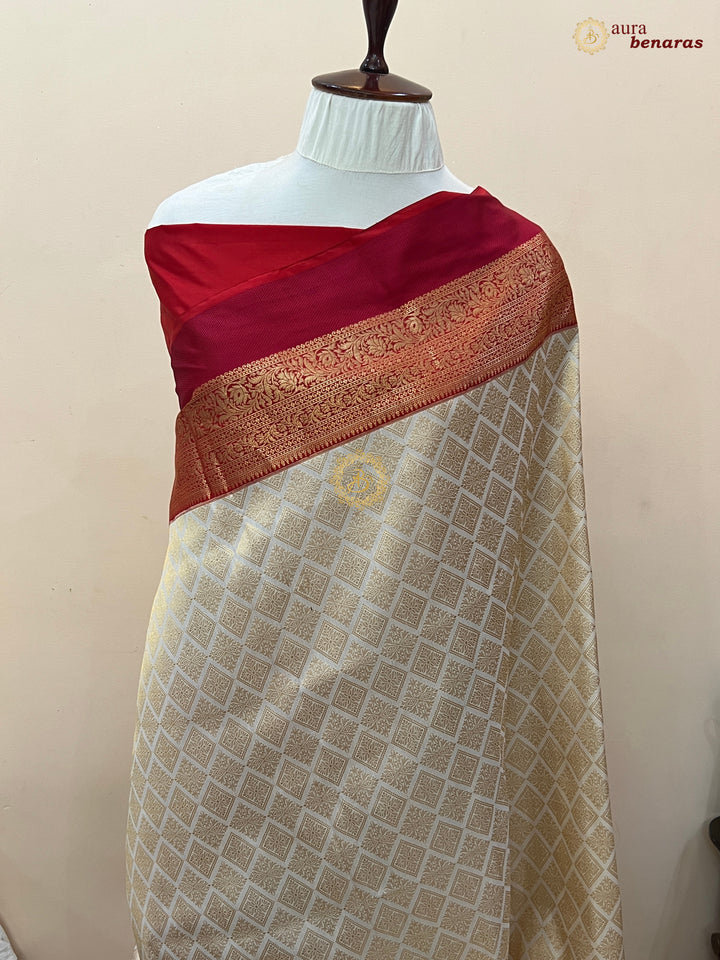 White Katan Silk Banarasi Saree with Red Border