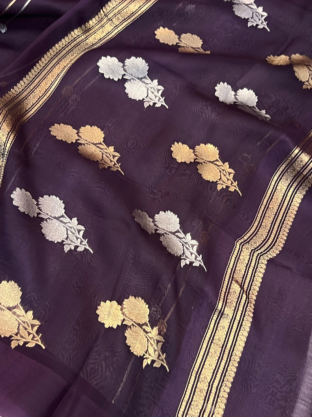 Wine Pure Banarasi Handloom Kora Silk Saree