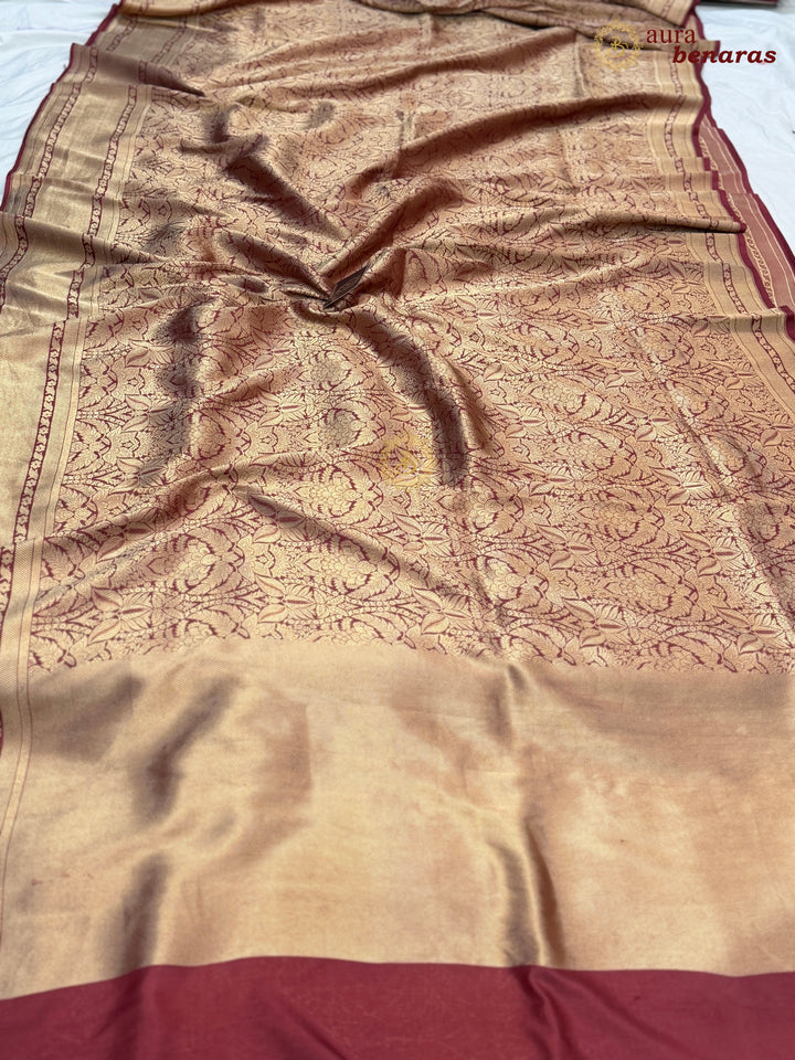 Maroon Katan Silk Banarasi Saree with Floral Brocade Work