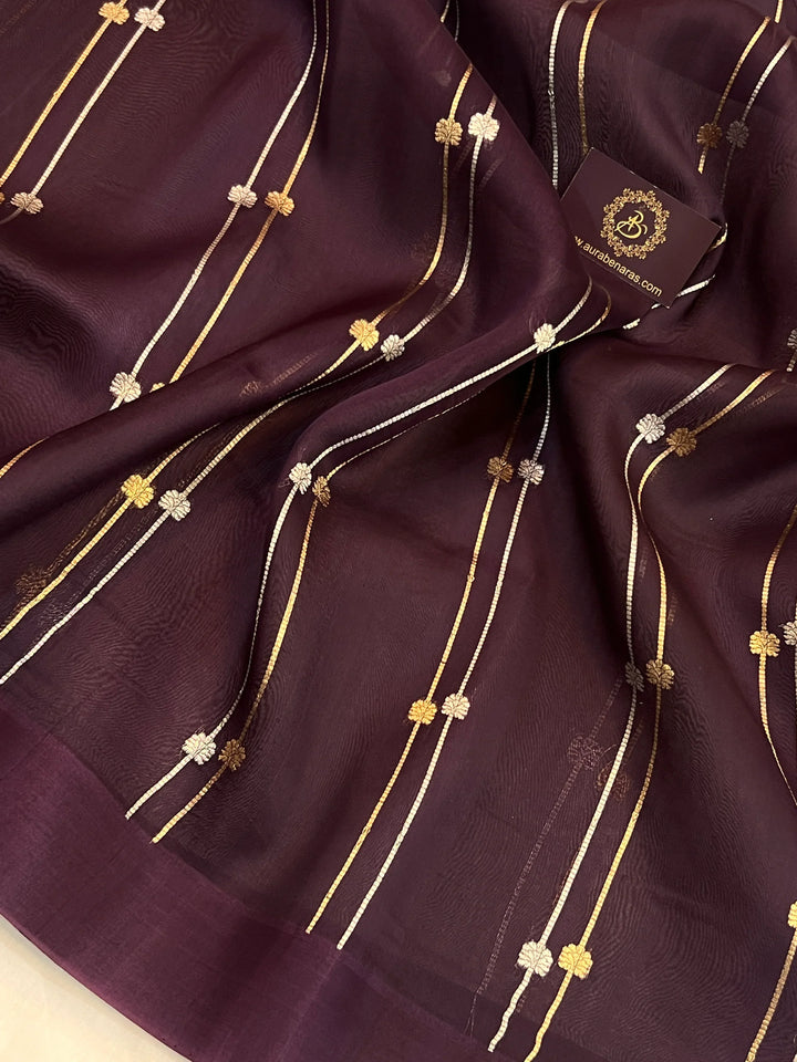 Wine Pure Banarasi Handloom Kora Silk Saree