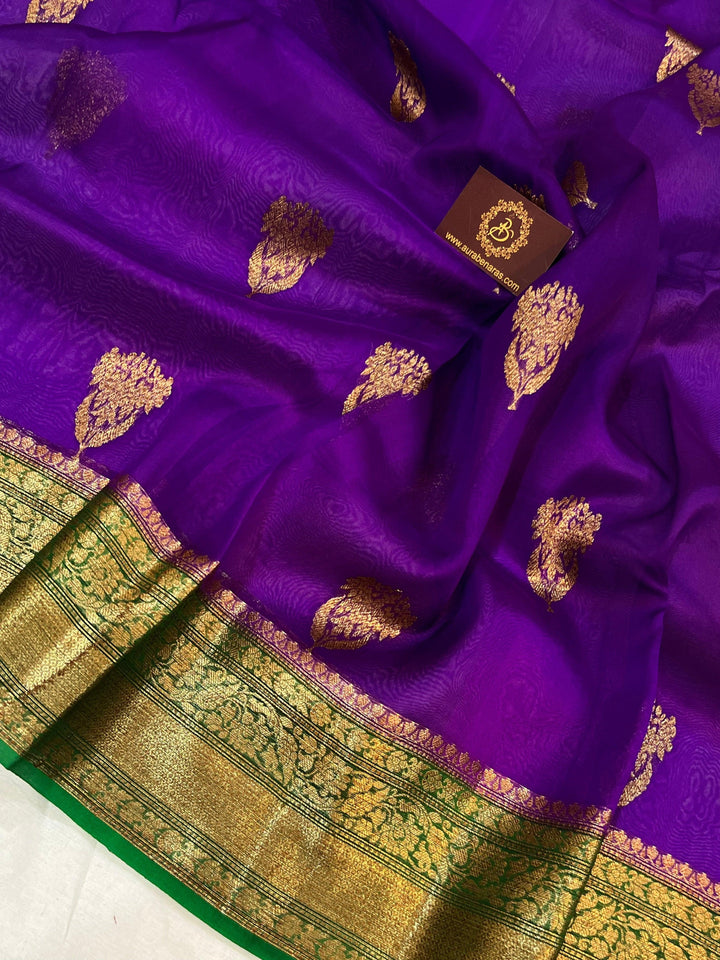 Purple Banarasi Handloom Kora Silk Saree - Aura Benaras