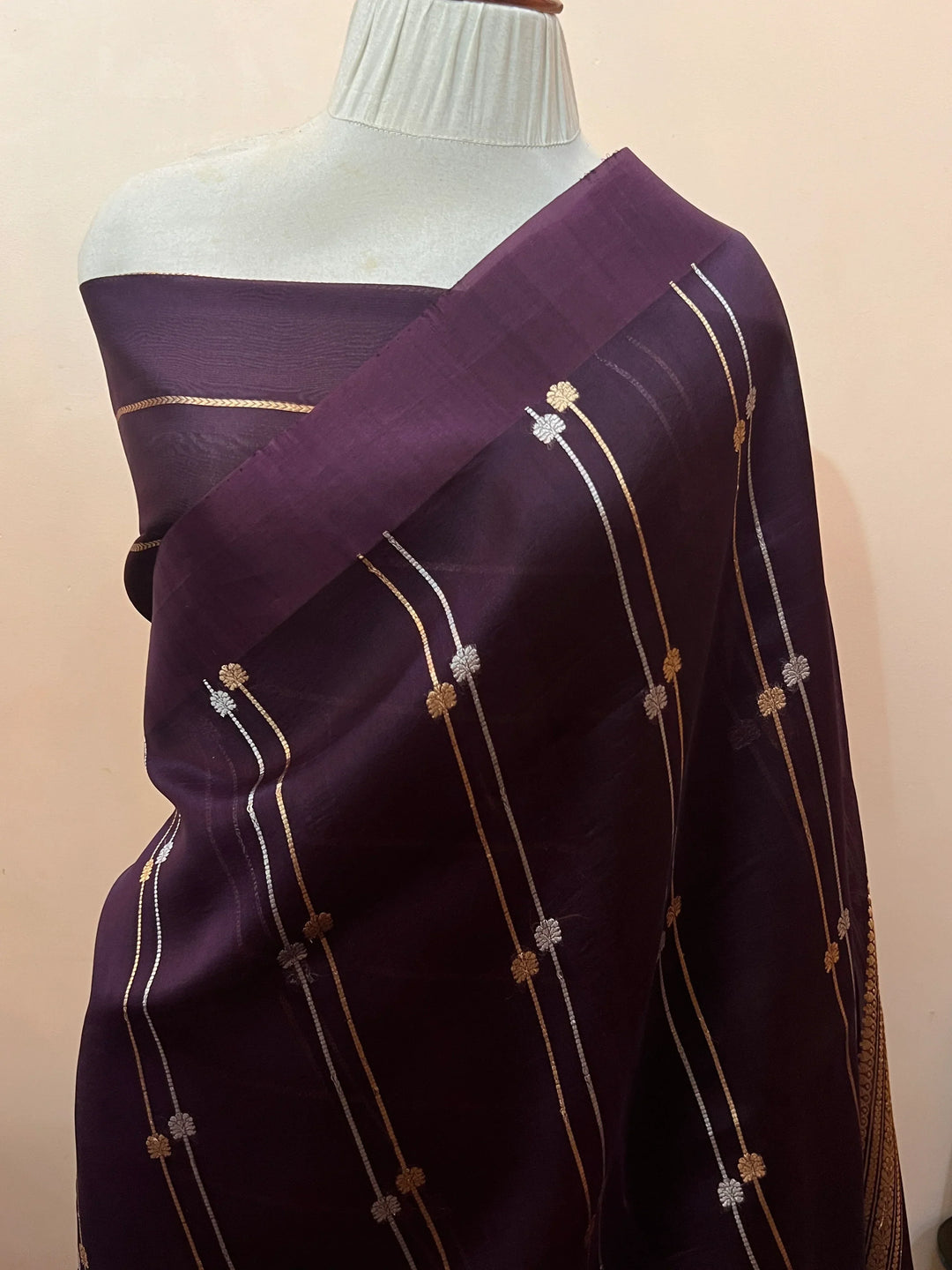 Wine Pure Banarasi Handloom Kora Silk Saree