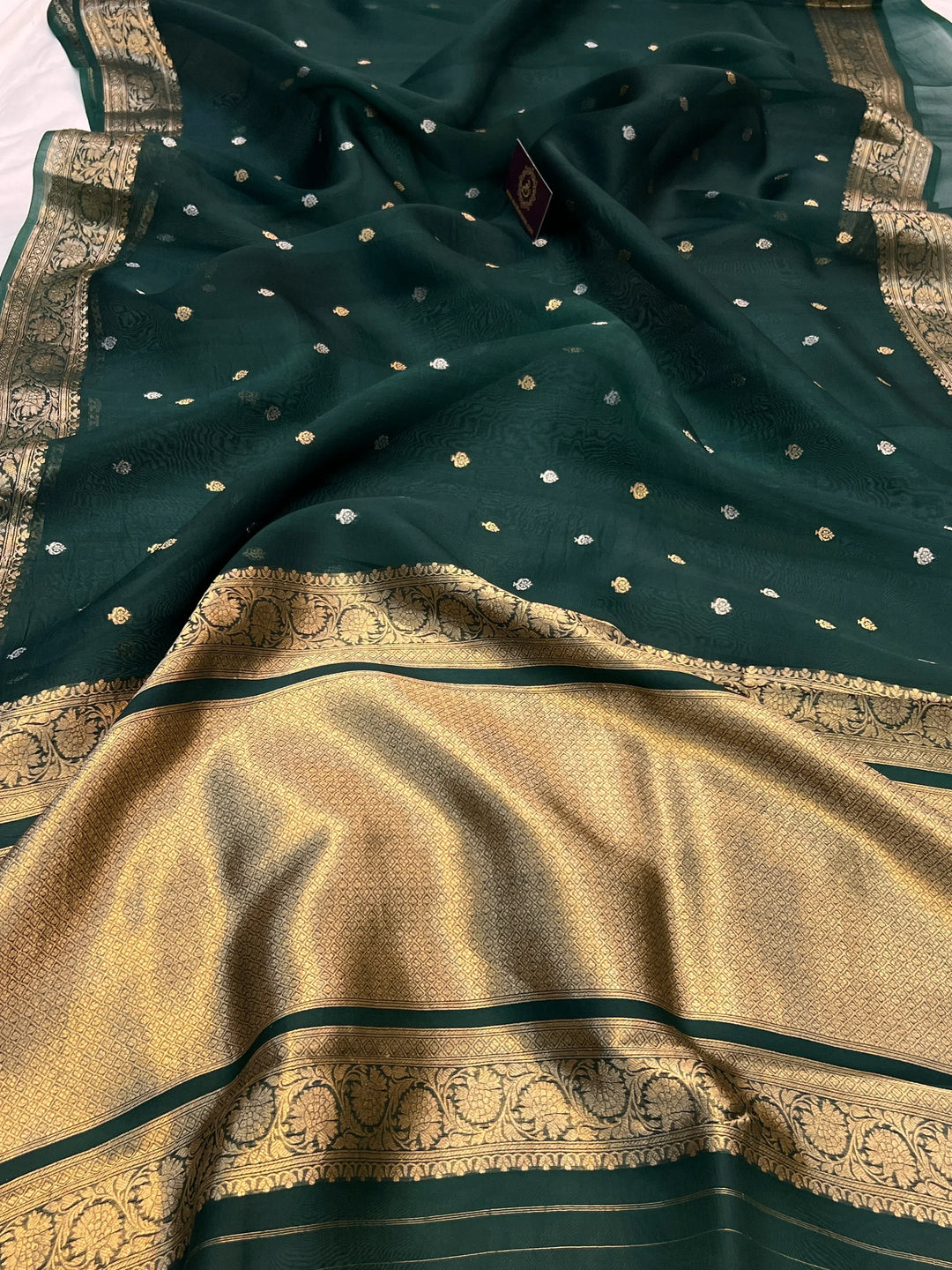 Bottle Green Banarasi Handloom Kora Silk Saree