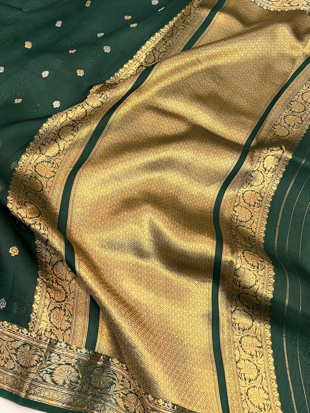 Bottle Green Banarasi Handloom Kora Silk Saree