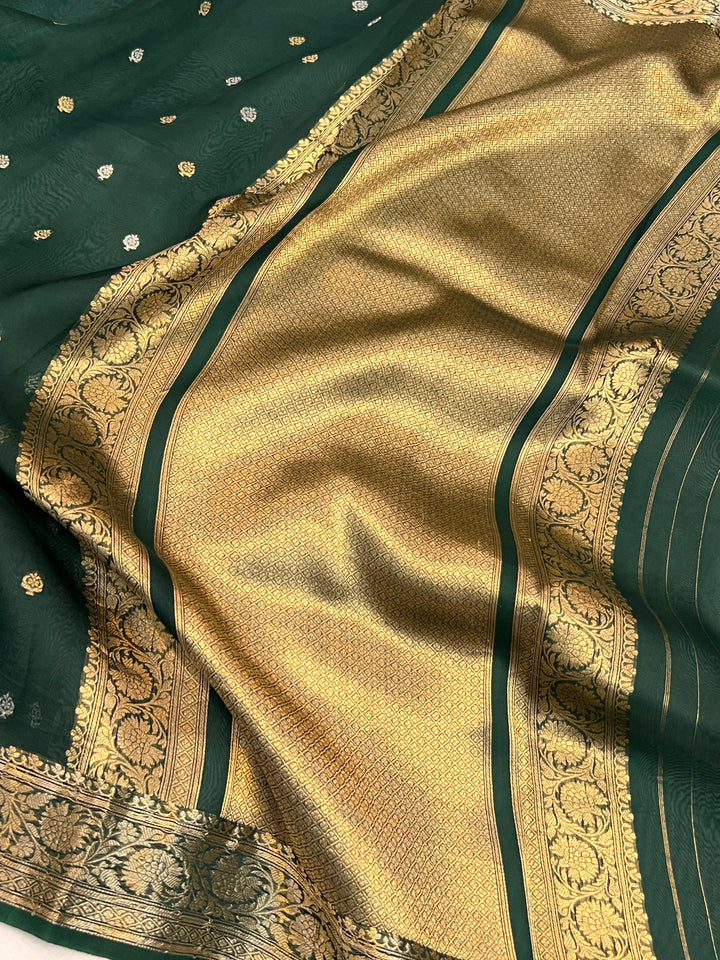 Bottle Green Banarasi Handloom Kora Silk Saree