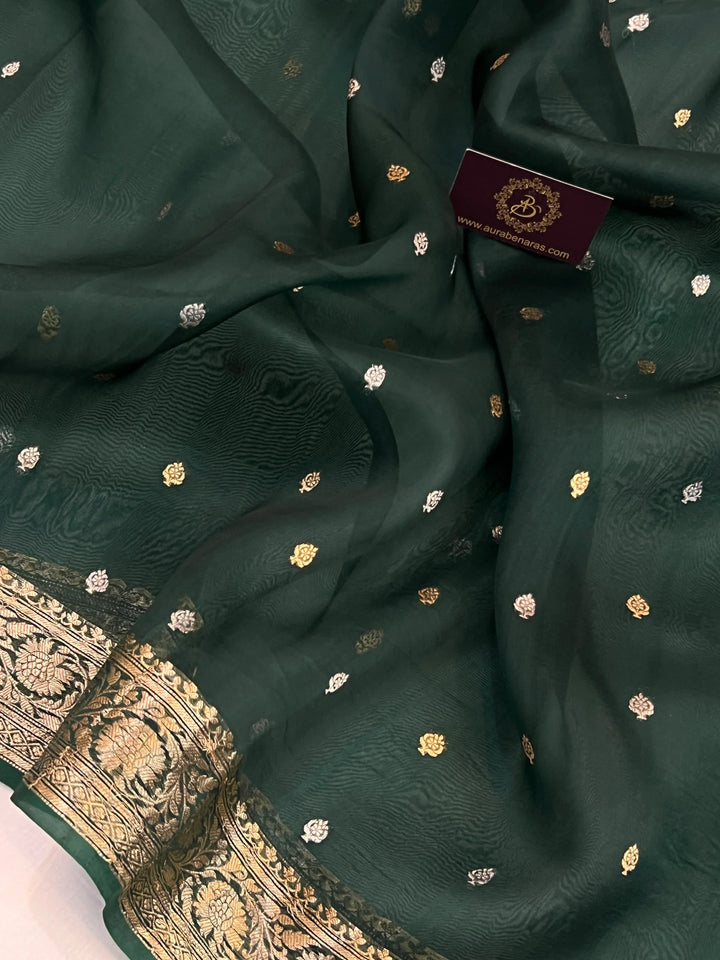 Bottle Green Banarasi Handloom Kora Silk Saree