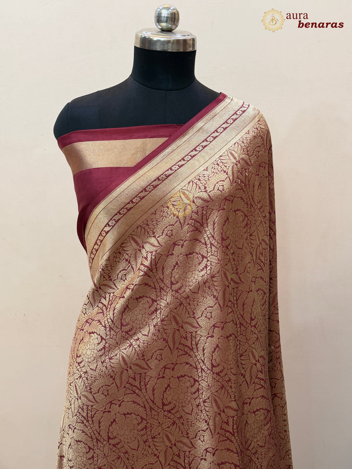 Maroon Katan Silk Banarasi Saree with Floral Brocade Work