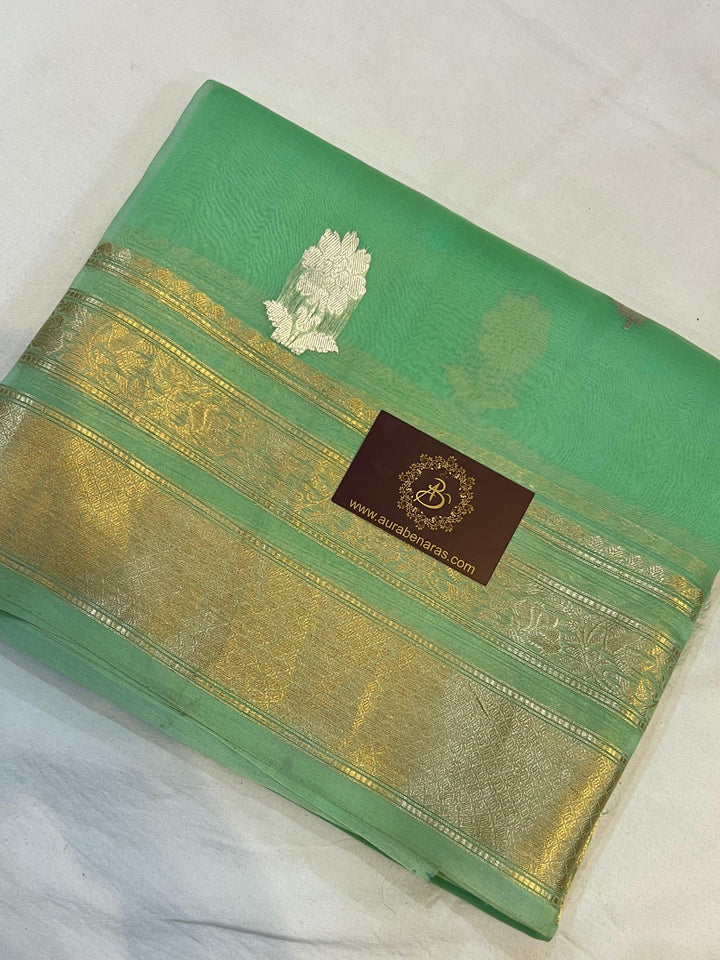 Sea Green Pure Banarasi Handloom Kora Silk Saree