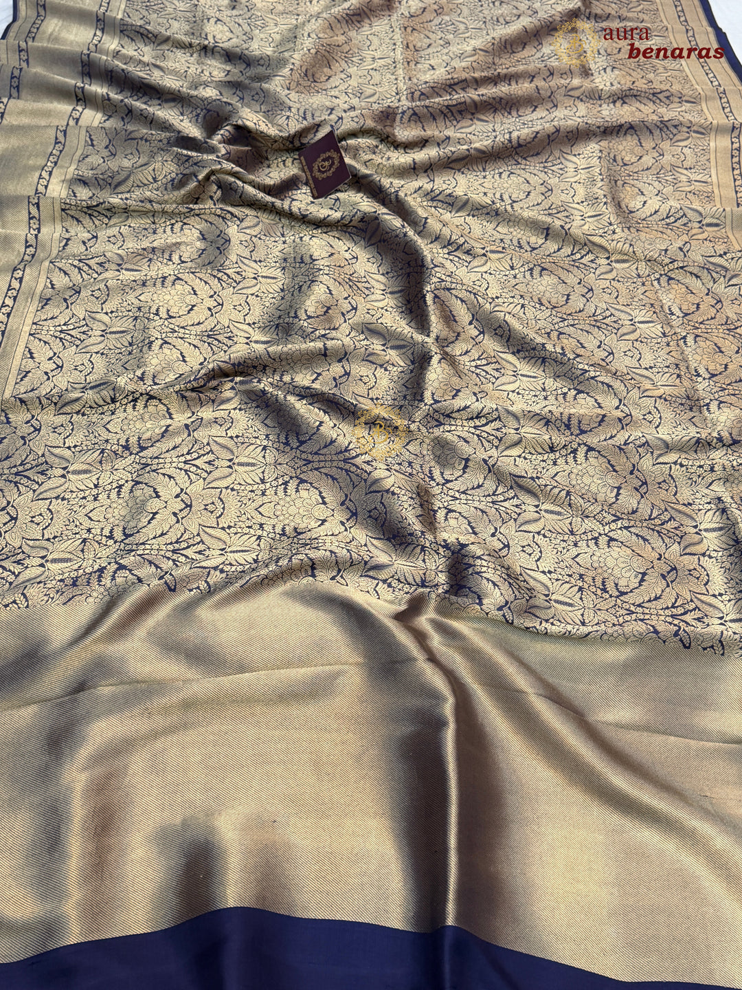 Navy Blue Katan Silk Banarasi Saree with Floral Brocade Work