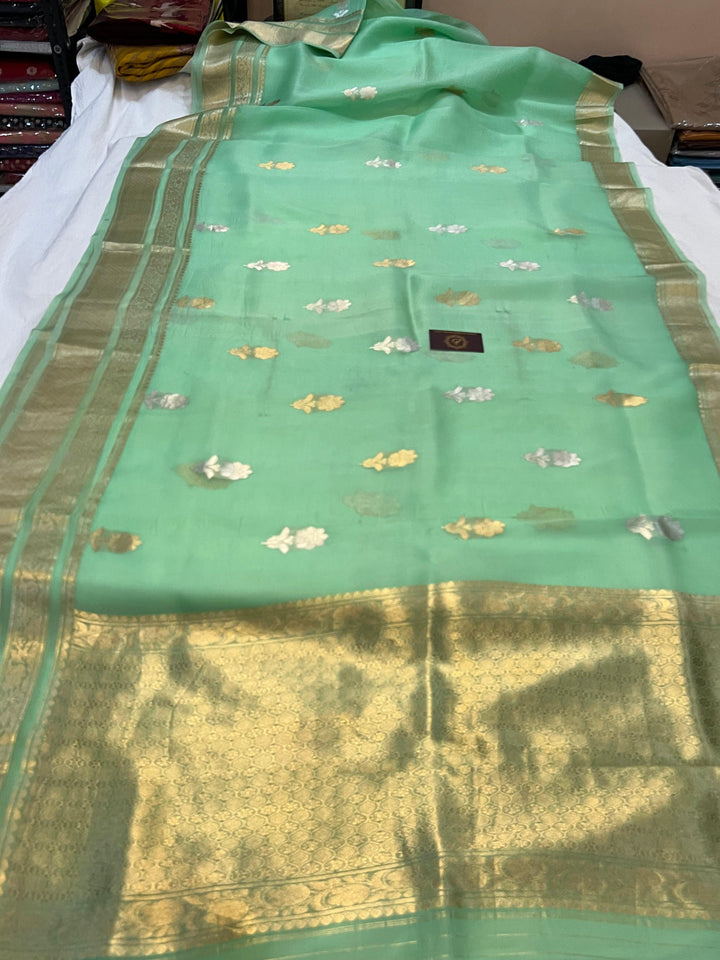 Sea Green Pure Banarasi Handloom Kora Silk Saree