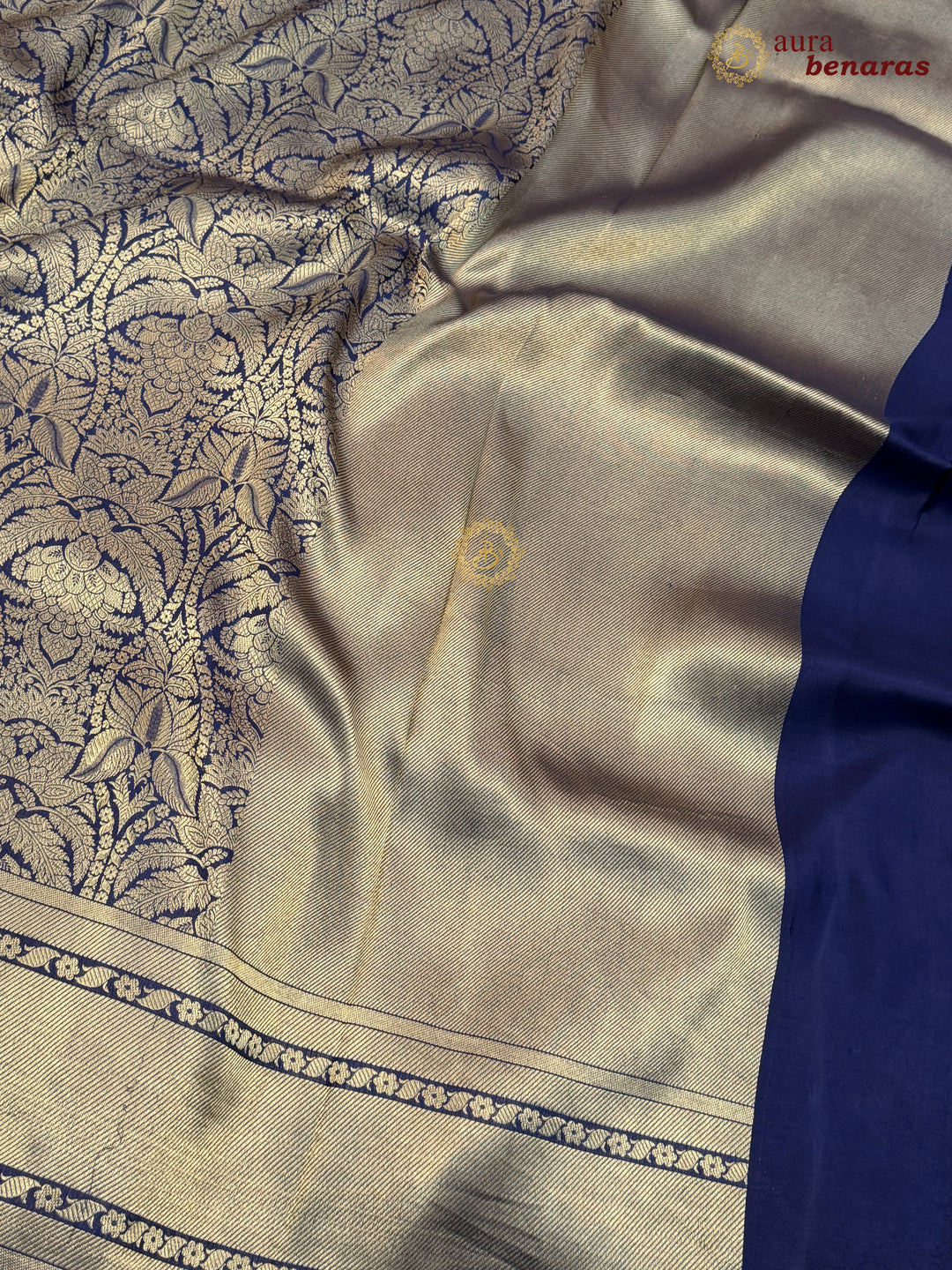 Navy Blue Katan Silk Banarasi Saree with Floral Brocade Work