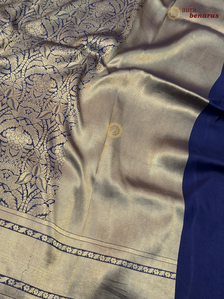 Navy Blue Katan Silk Banarasi Saree with Floral Brocade Work
