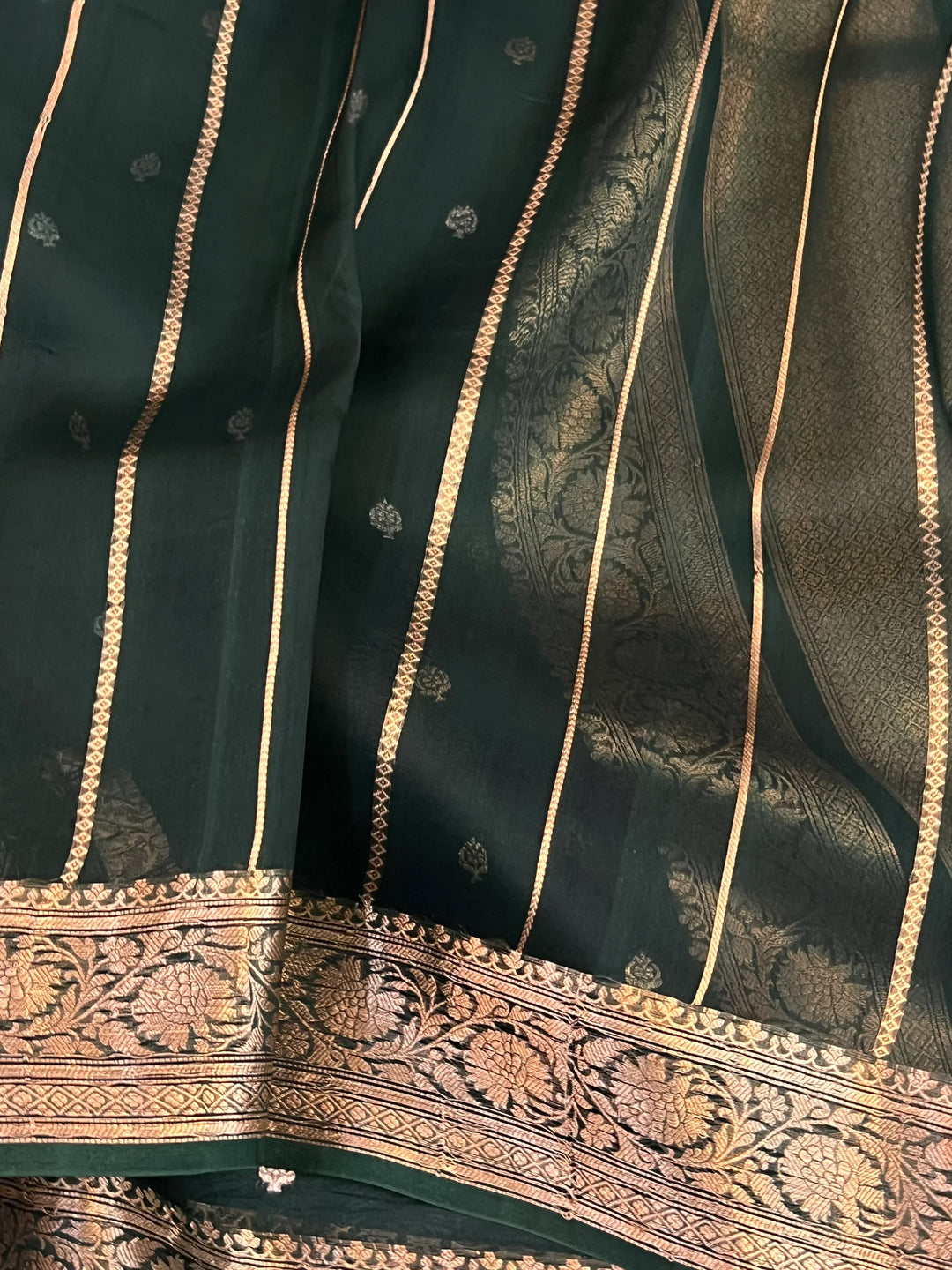 Bottle Green Banarasi Handloom Kora Silk Saree