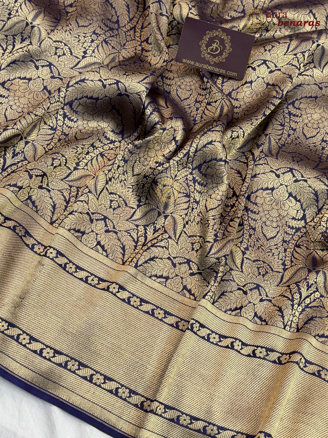 Navy Blue Katan Silk Banarasi Saree with Floral Brocade Work