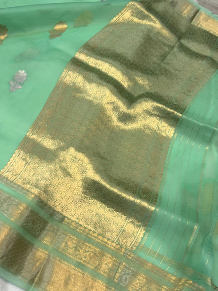 Sea Green Pure Banarasi Handloom Kora Silk Saree