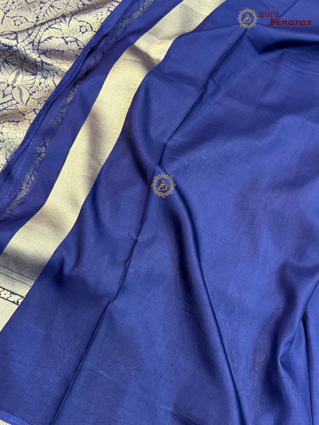 Navy Blue Katan Silk Banarasi Saree with Floral Brocade Work