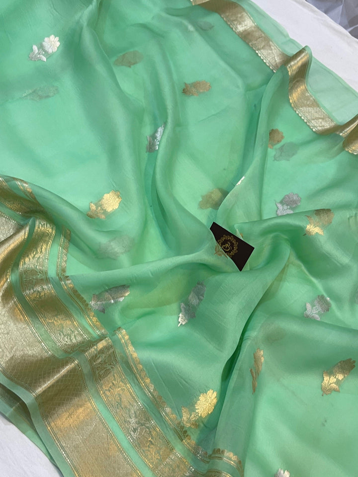 Sea Green Pure Banarasi Handloom Kora Silk Saree