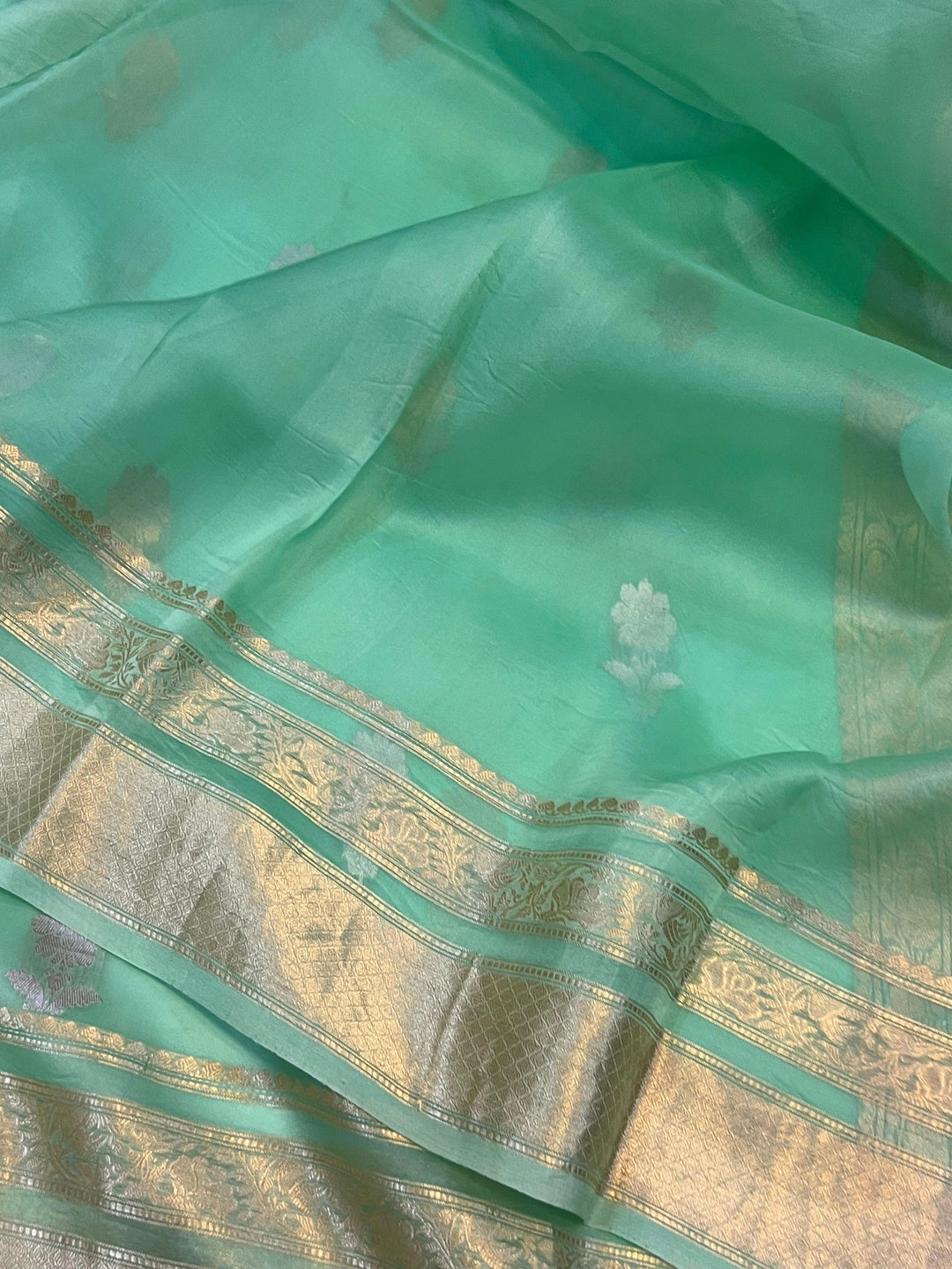 Sea Green Pure Banarasi Handloom Kora Silk Saree