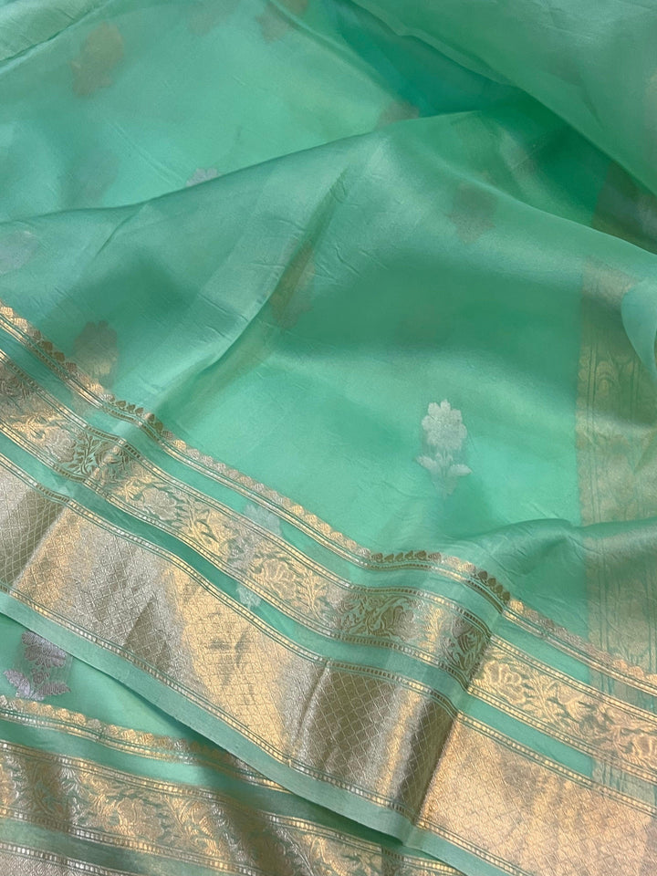 Sea Green Pure Banarasi Handloom Kora Silk Saree