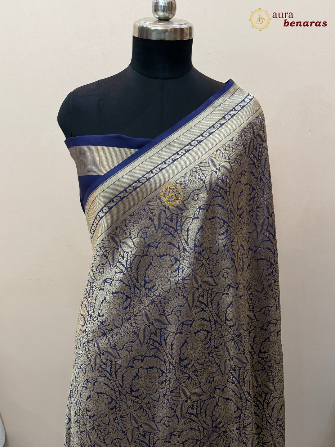 Navy Blue Katan Silk Banarasi Saree with Floral Brocade Work
