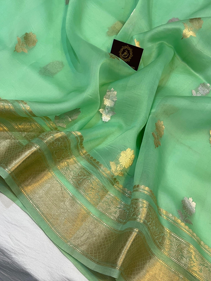 Sea Green Pure Banarasi Handloom Kora Silk Saree