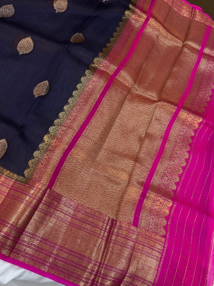 Navy Blue Banarasi Handloom Kora Silk Saree - Aura Benaras