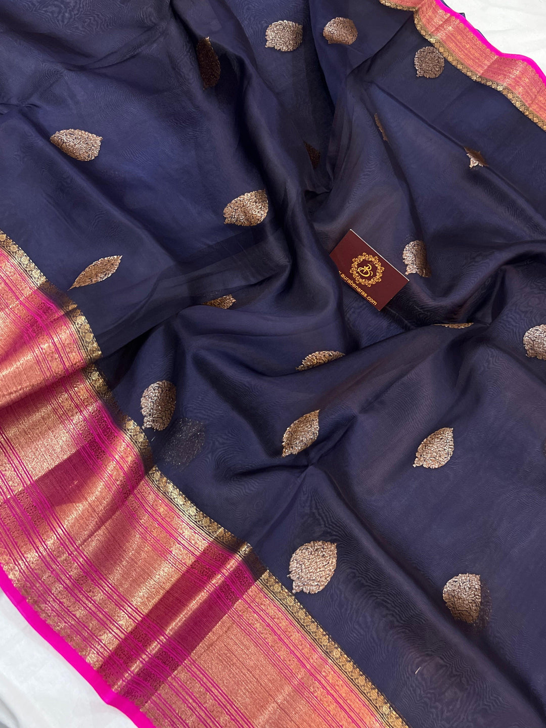 Navy Blue Banarasi Handloom Kora Silk Saree - Aura Benaras