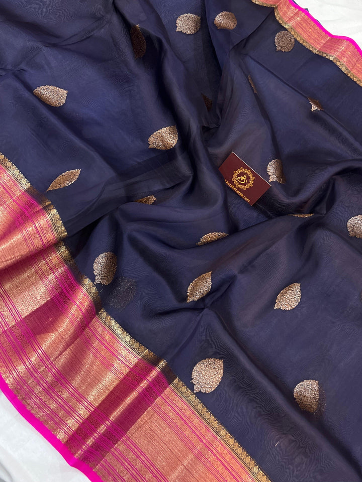 Navy Blue Banarasi Handloom Kora Silk Saree - Aura Benaras