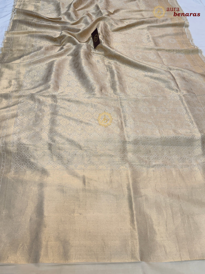 Cream Katan Silk Banarasi Saree with Floral Brocade Work