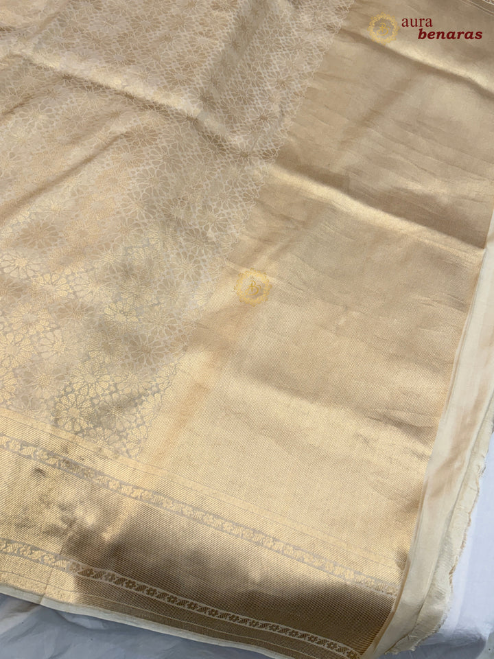 Cream Katan Silk Banarasi Saree with Floral Brocade Work