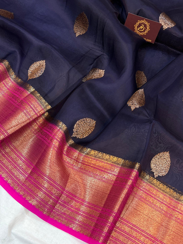 Navy Blue Banarasi Handloom Kora Silk Saree - Aura Benaras