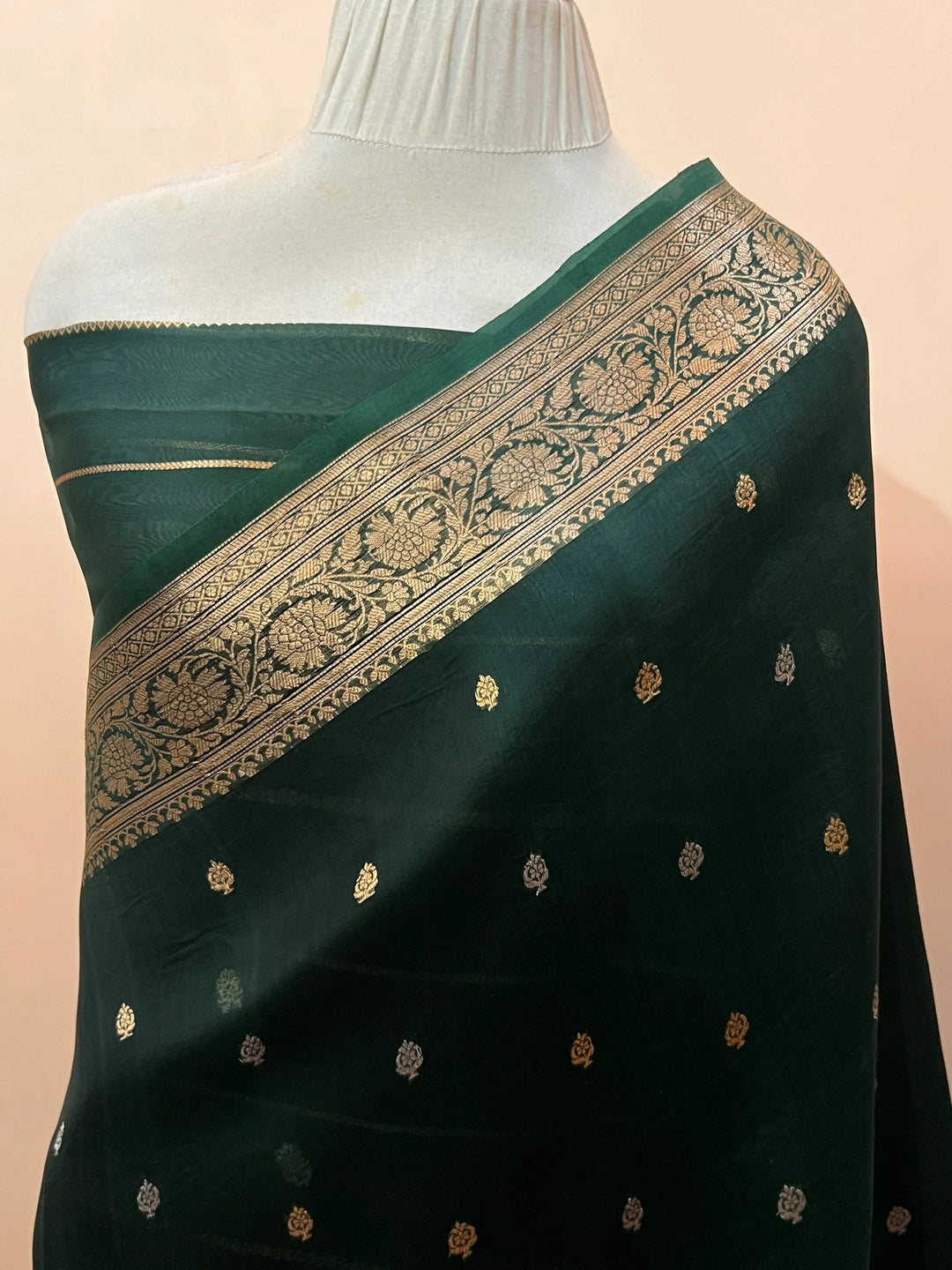 Bottle Green Banarasi Handloom Kora Silk Saree