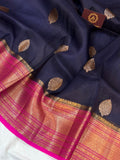 Navy Blue Banarasi Handloom Kora Silk Saree - Aura Benaras