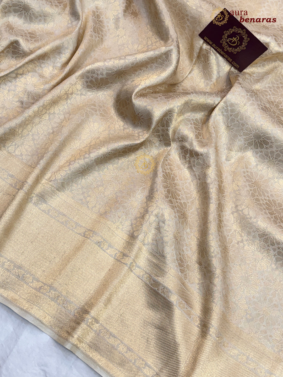 Cream Katan Silk Banarasi Saree with Floral Brocade Work