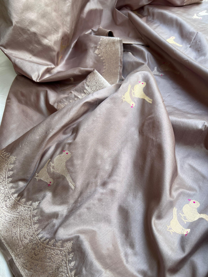 Grey Banarasi Handloom Katan Silk Saree - Aura Benaras